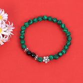 Malachite Green Beaded Stone Stretch Bracelet in Sterling Silver Flower and Bali Beads